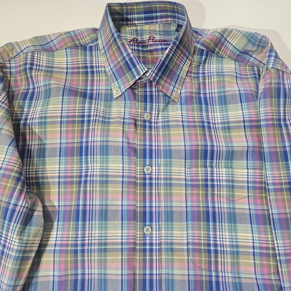 Alan‎ Flusser Button Down Shirt Mens Large Blue Green Pink Plaid Business Casual